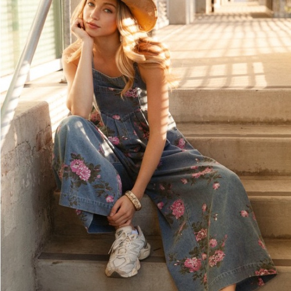 Floral Denim wide leg Overalls